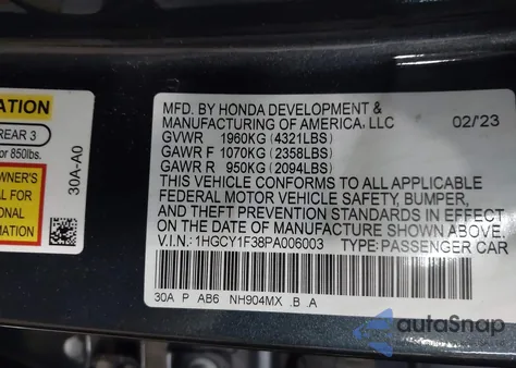 2023 Honda Accord Ex из США, поврежденный, VIN 1HGCY1F38PA006003